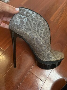 Brian Atwood Metallic Leopard Platform Booties in Bronze and Black